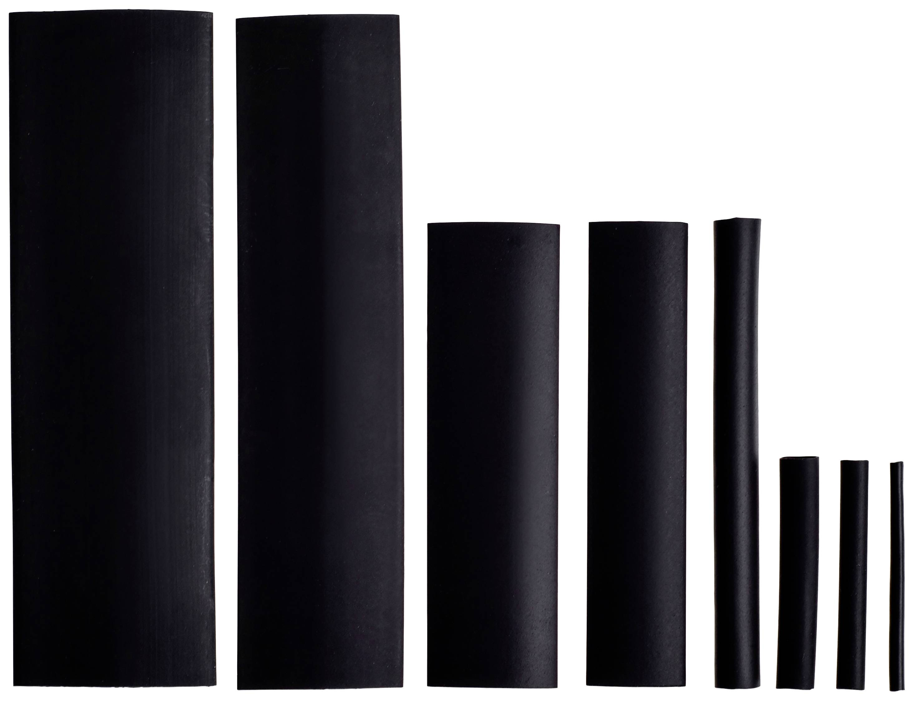 'Heat-shrink tubes in descending size from left to right, demonstrating the variety of available diameters.'