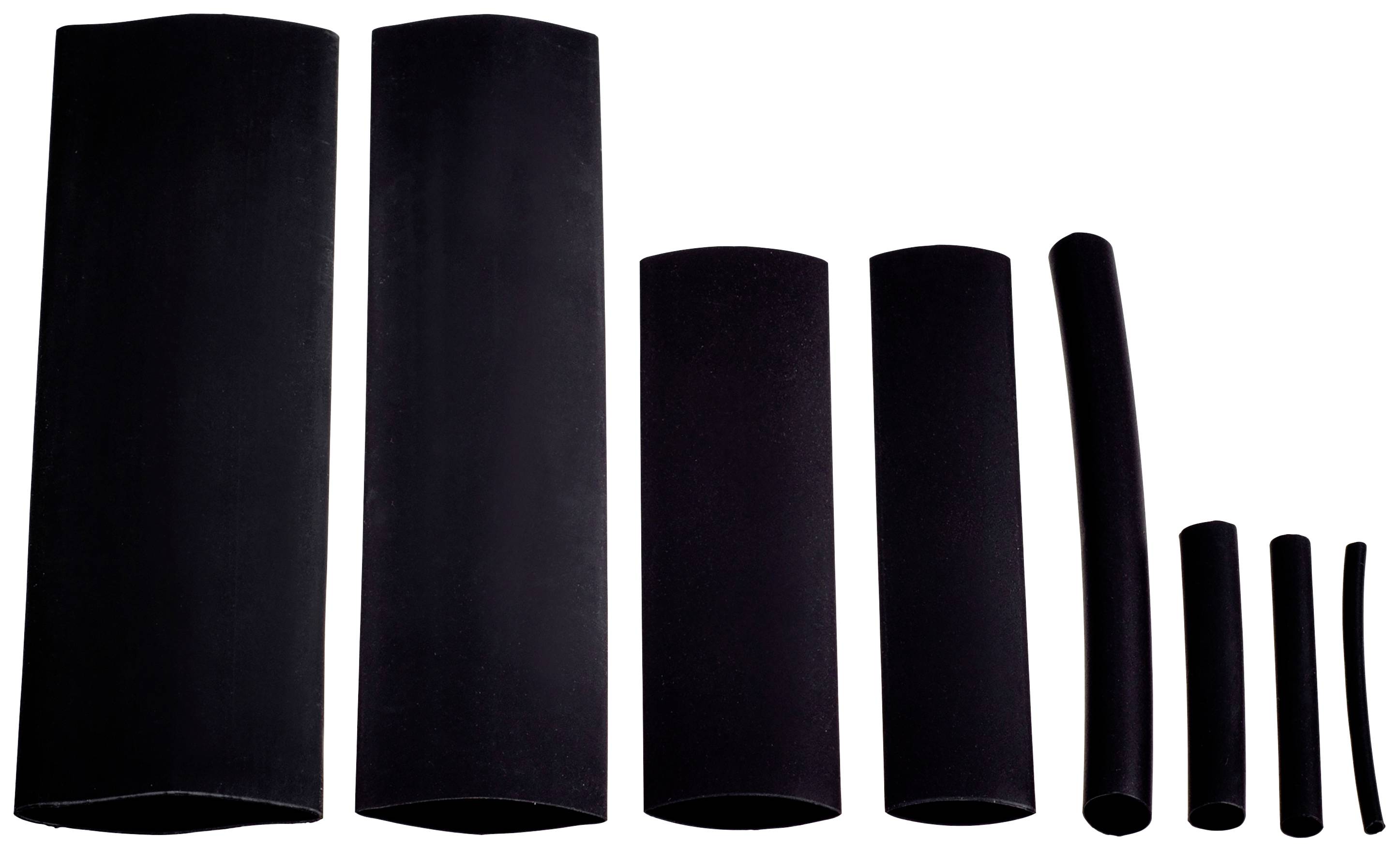 Eight black heat-shrink tubes in various sizes, arranged from left to right in decreasing width, on a white background.