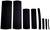 Eight black heat-shrink tubes in various sizes, arranged from left to right in decreasing width, on a white background.