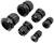 Six black cable glands in various sizes are arranged in two groups on a white background.