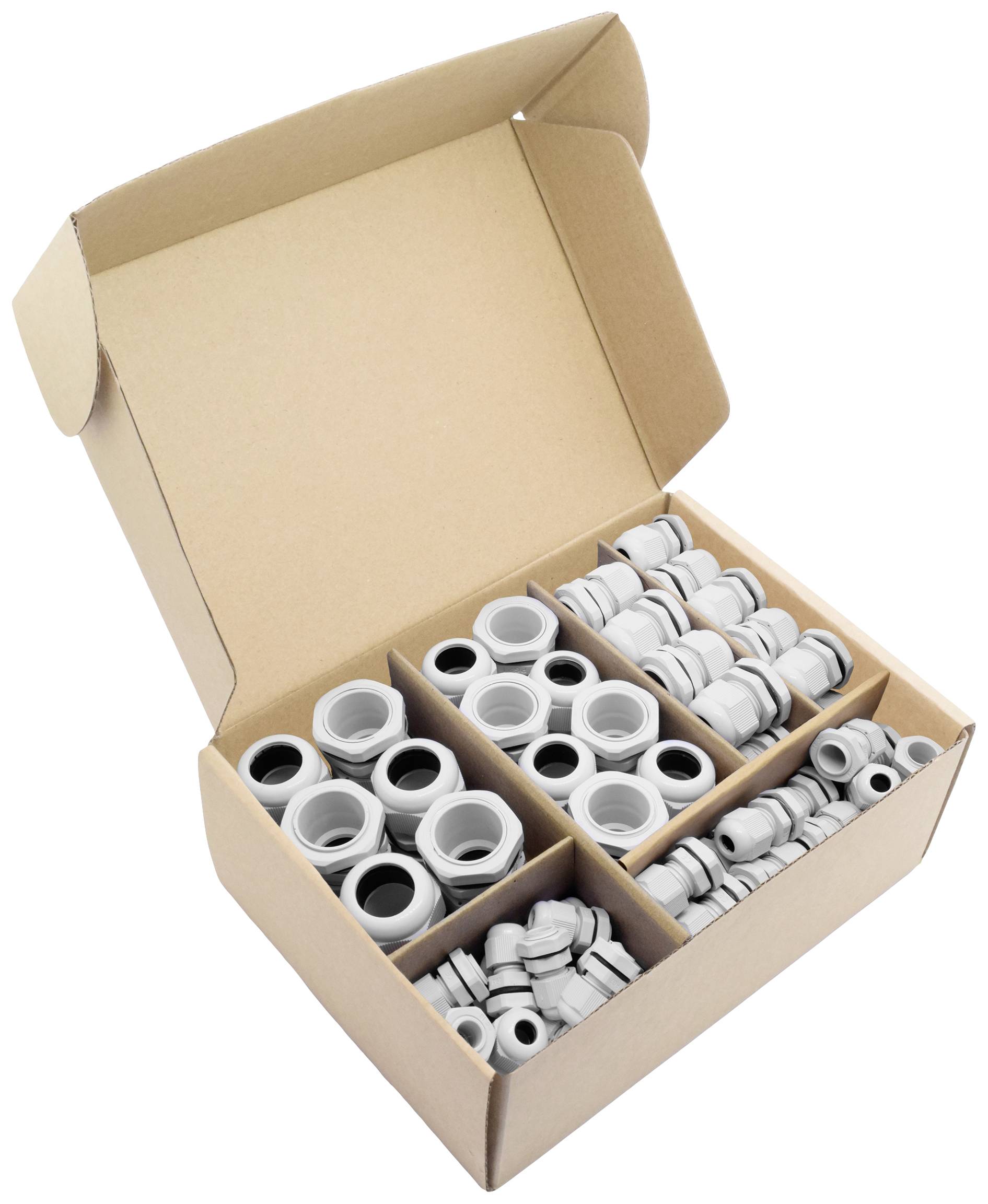 Packaging containing various cable glands and seals in separate compartments for organisation and storage.