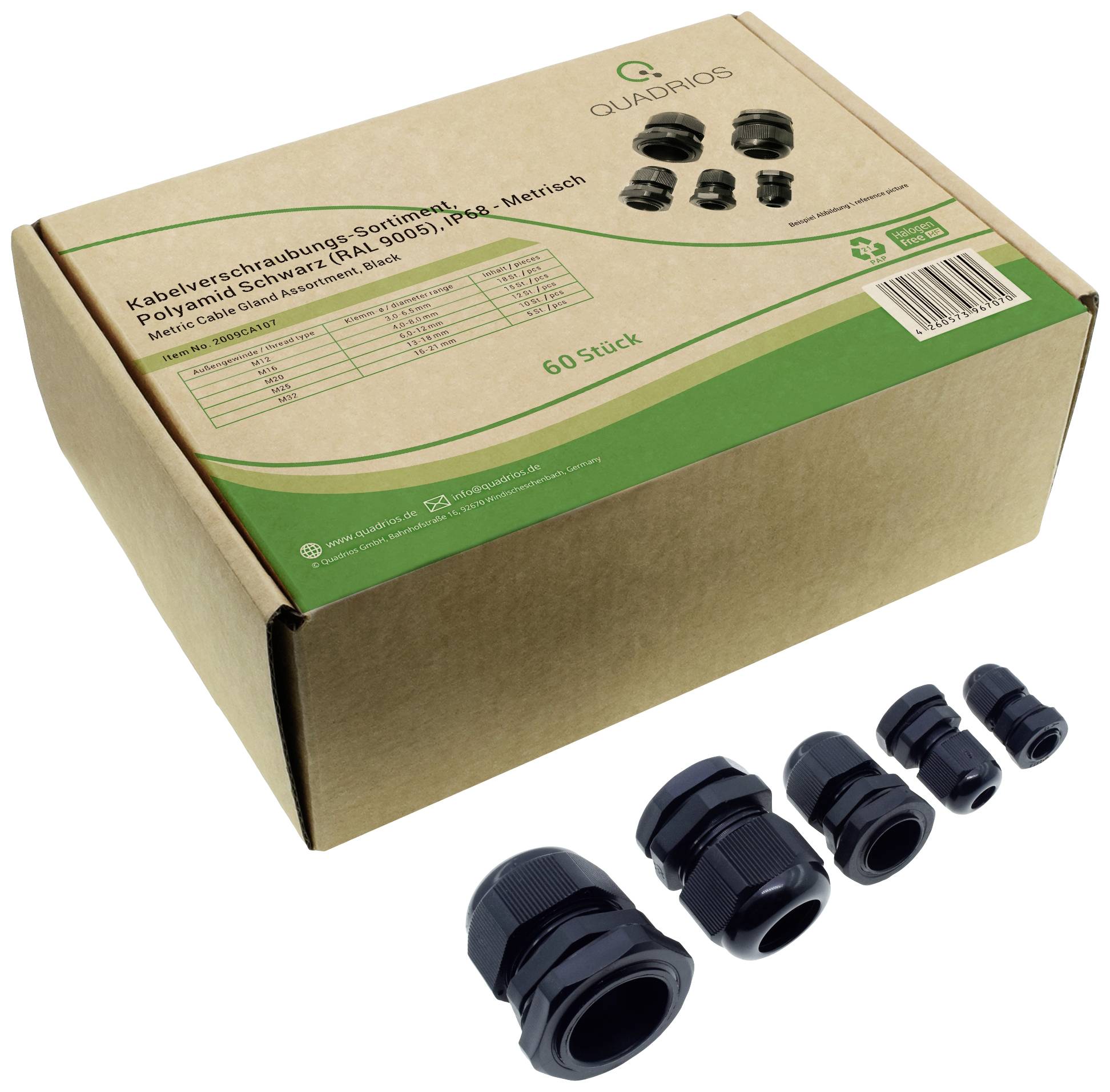 Cardboard packaging with the inscription 'Cable Gland Assortment', containing black cable glands in various sizes.