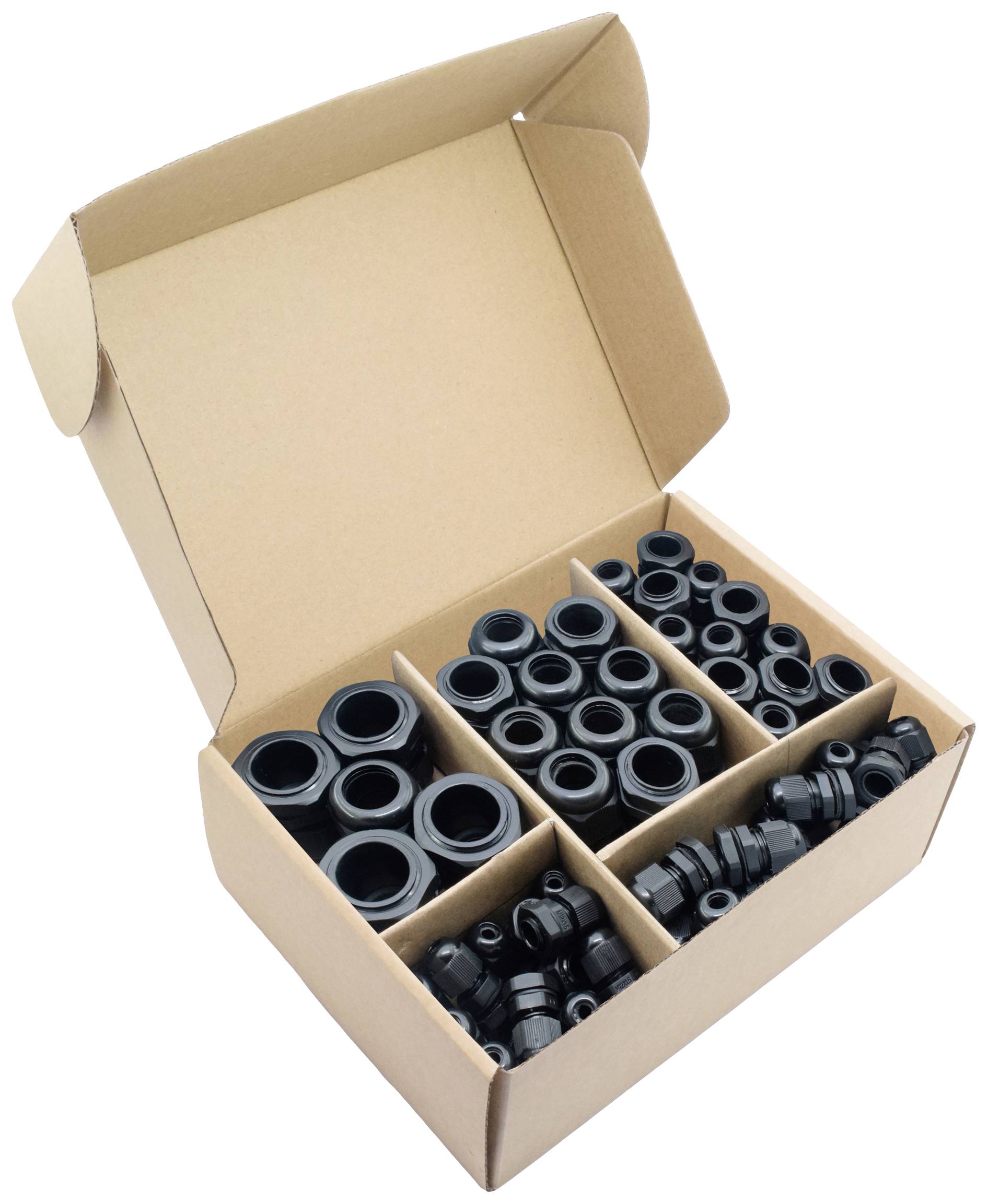An open box with black plastic nuts in six compartments.
