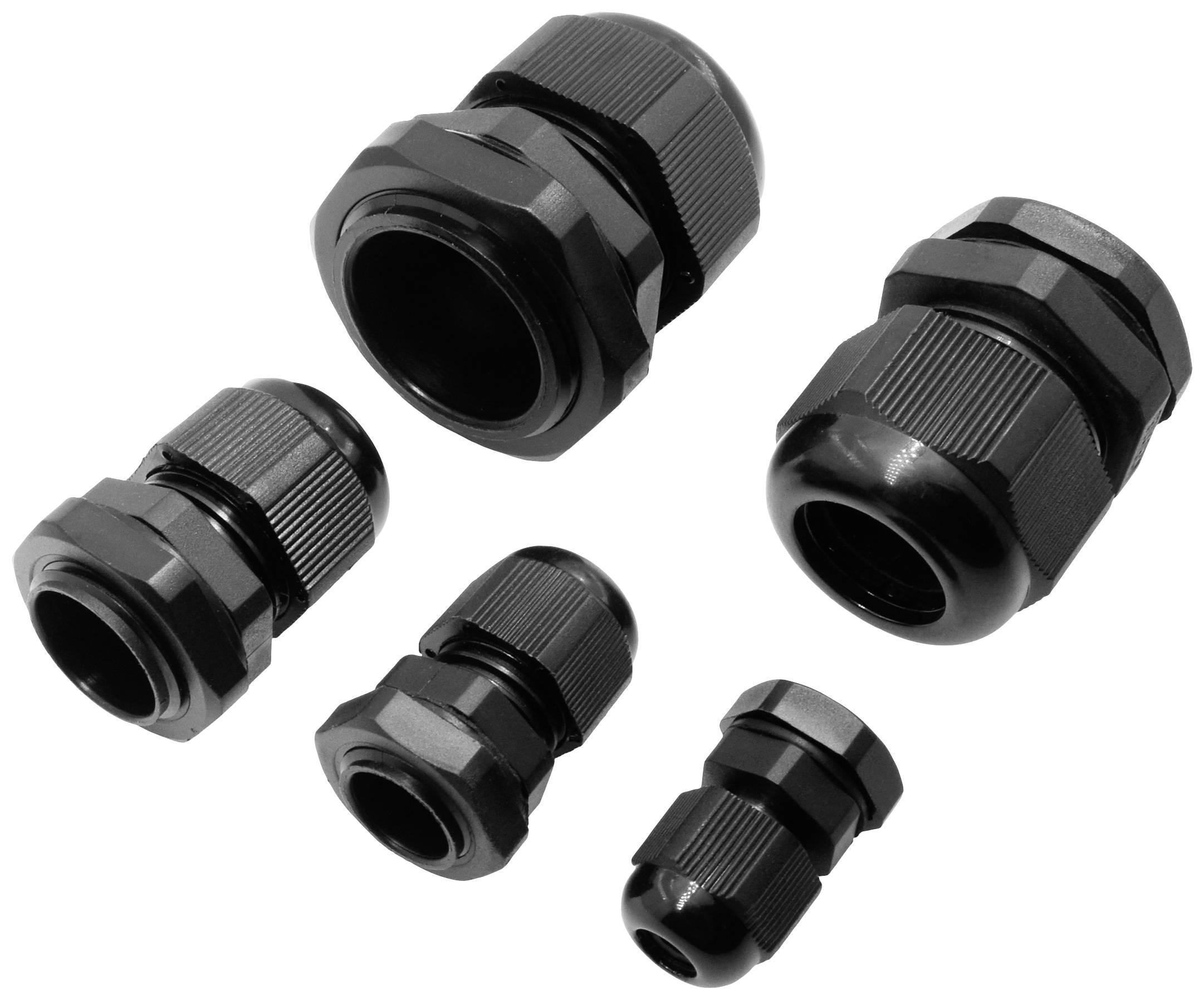 Five black cable gland fittings in various sizes are arranged. They are used to securely fasten and seal cables.