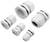 Several white cable glands in various sizes on a white background. They are designed for cable protection.