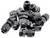 Several black plastic cable glands are lying loosely on top of each other. They have ribbed grips and are intended for cable fastening.