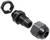 A black cable gland, shown in three parts: a nut, the main threaded plug, and a cap.