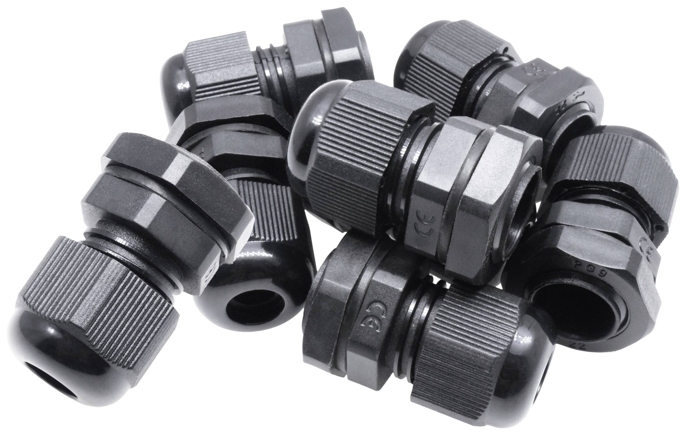Several black cable glands on a white background, used for securely introducing and sealing cables in enclosures.