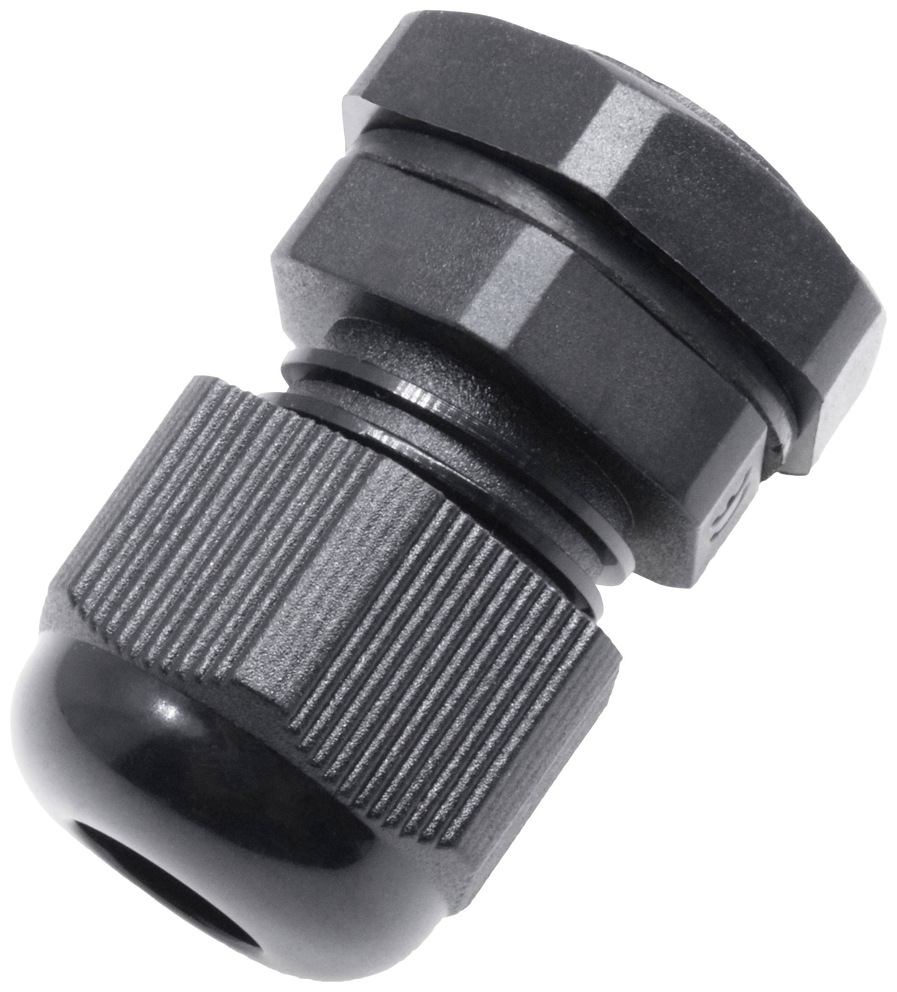 Cable gland made of black plastic for secure insertion and sealing of cables in enclosures, with thread for fastening.