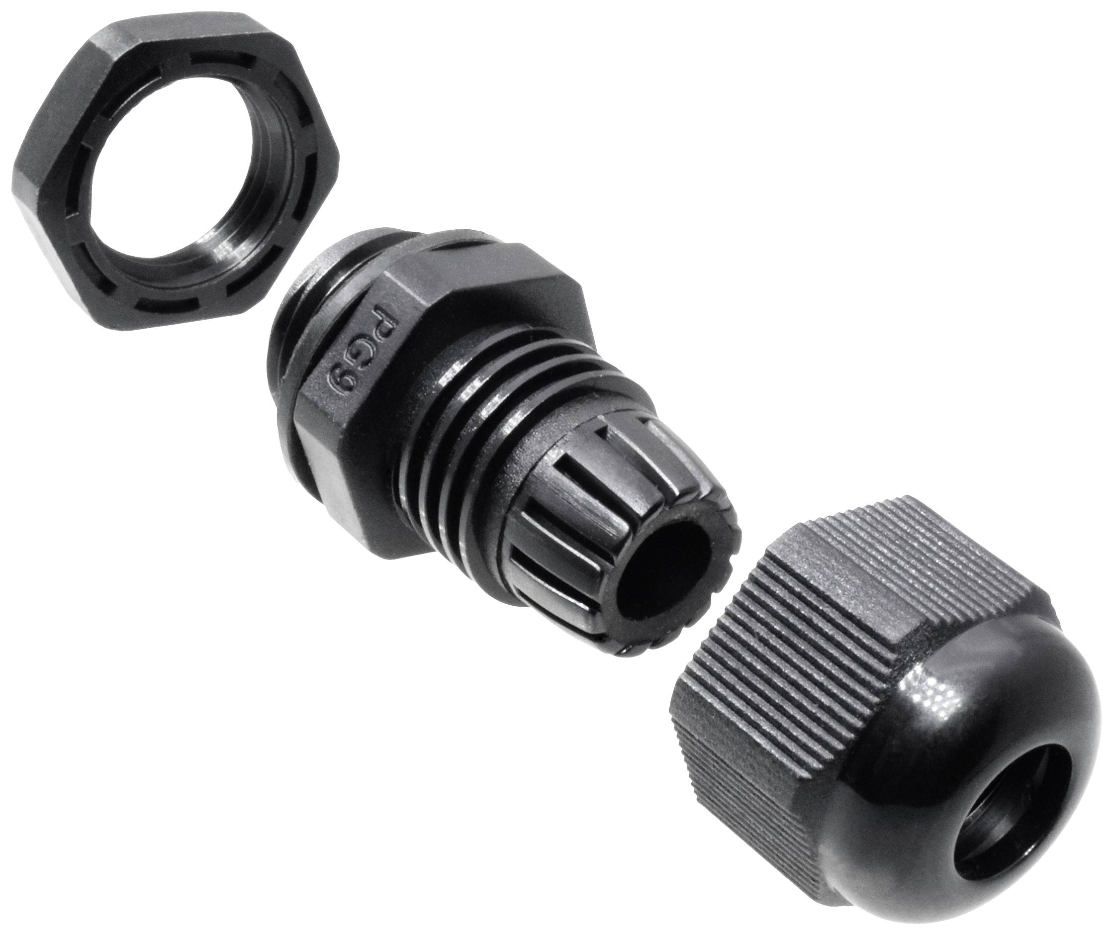 Disassembled cable connector made of black plastic, comprising a coupling nut, a seal, and a plug component.