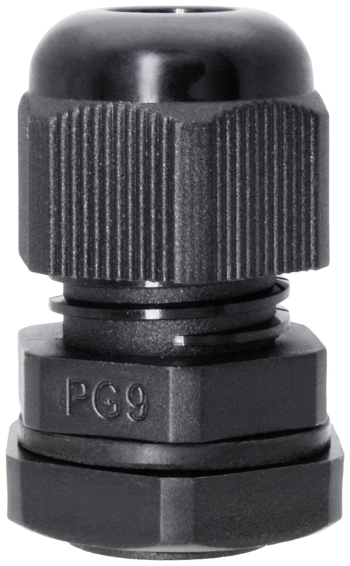 A black plastic cable connector with the inscription 'PG9'. It has a ribbed top and is suitable for cable routing.