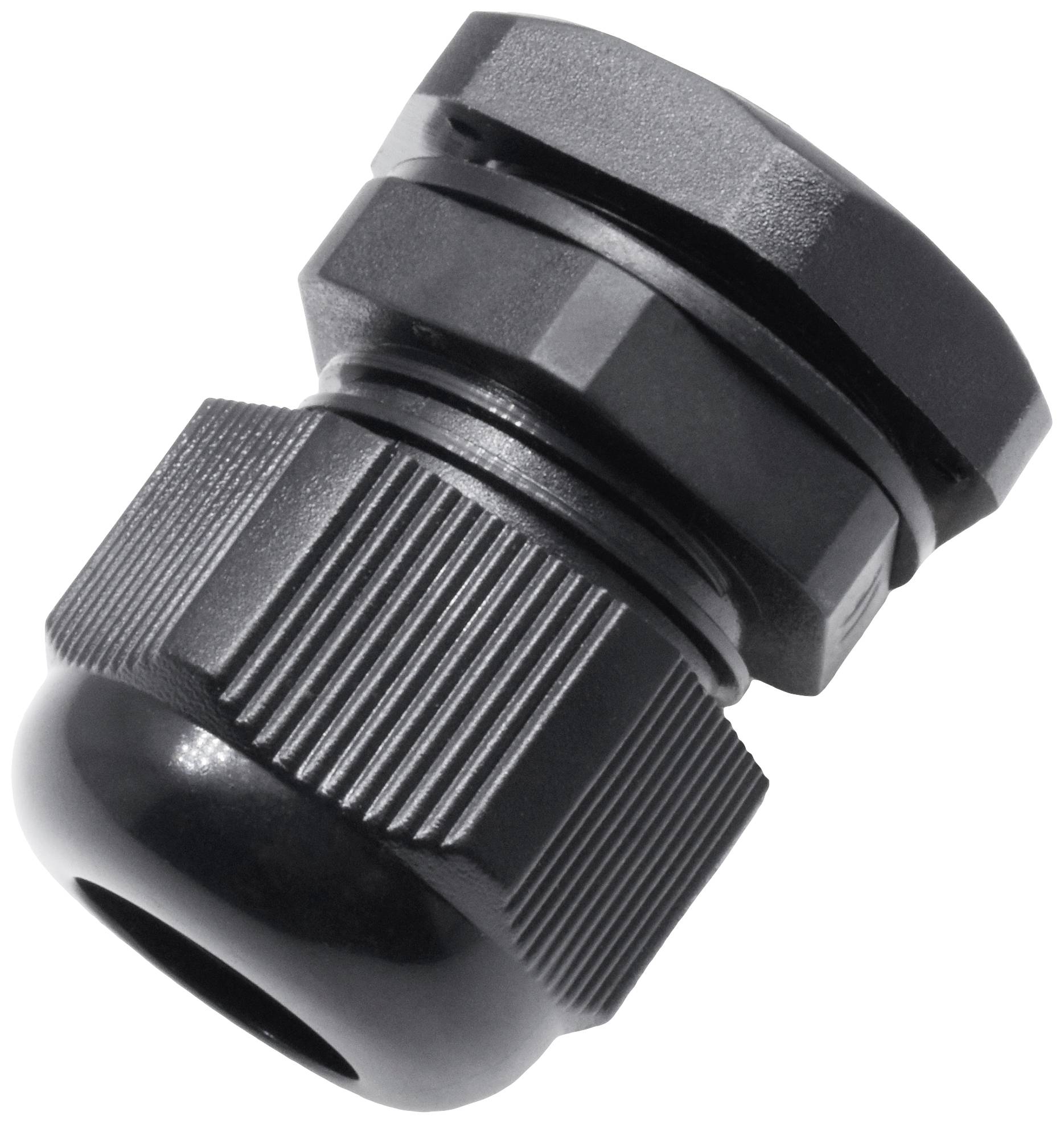 A black cable gland, viewed at an angle, reveals details of the plastic material's structure and texture.