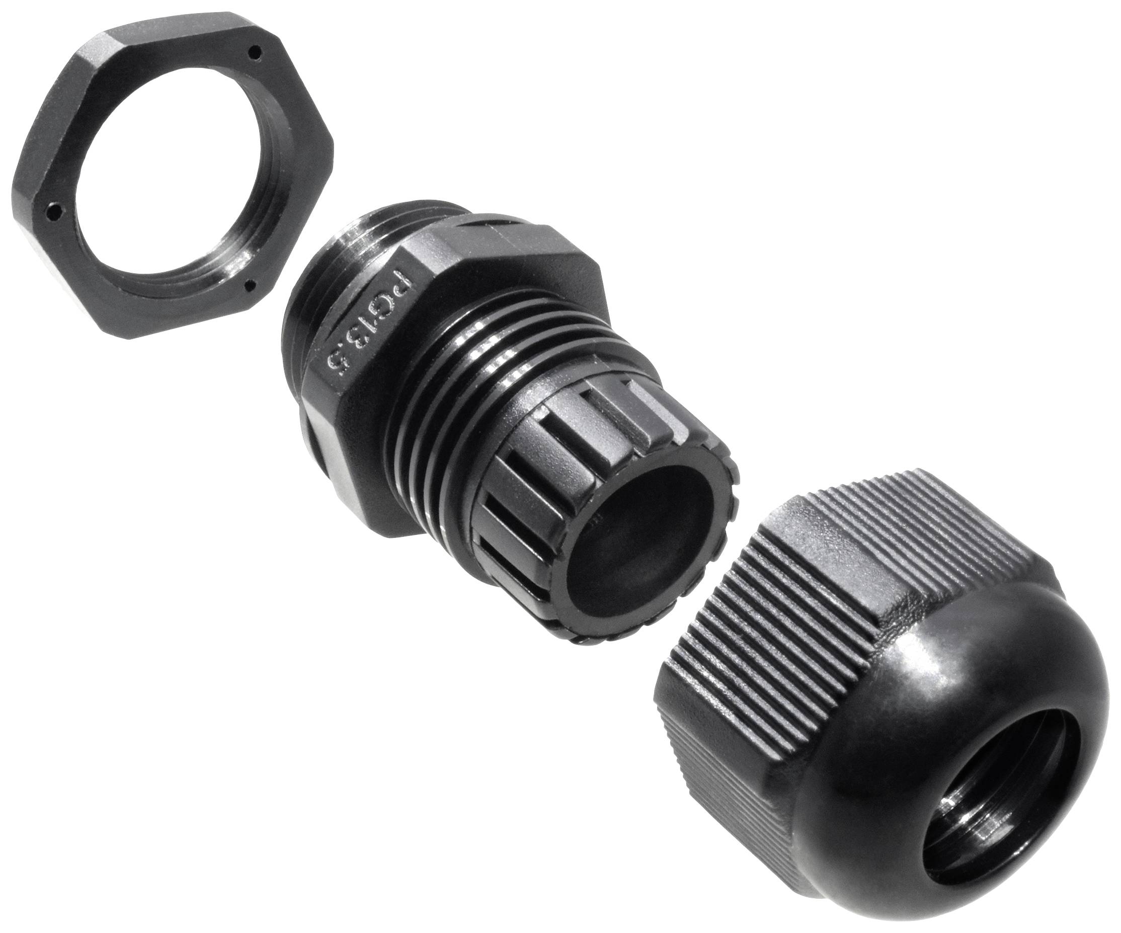 'Black nickel-plated plastic cable gland components in various shapes shown side by side.'