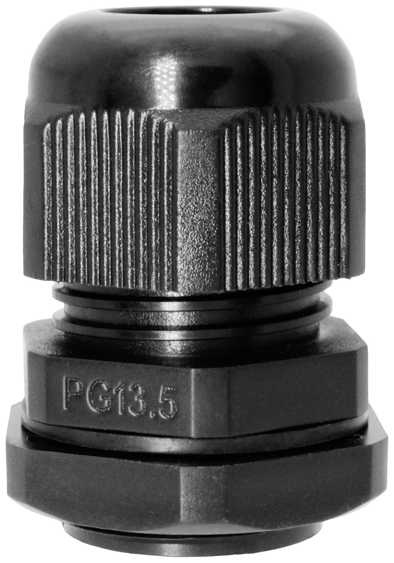 Black plastic cable gland with 'PG13.5' marking, suitable for cable entries, providing protection against water and dust.