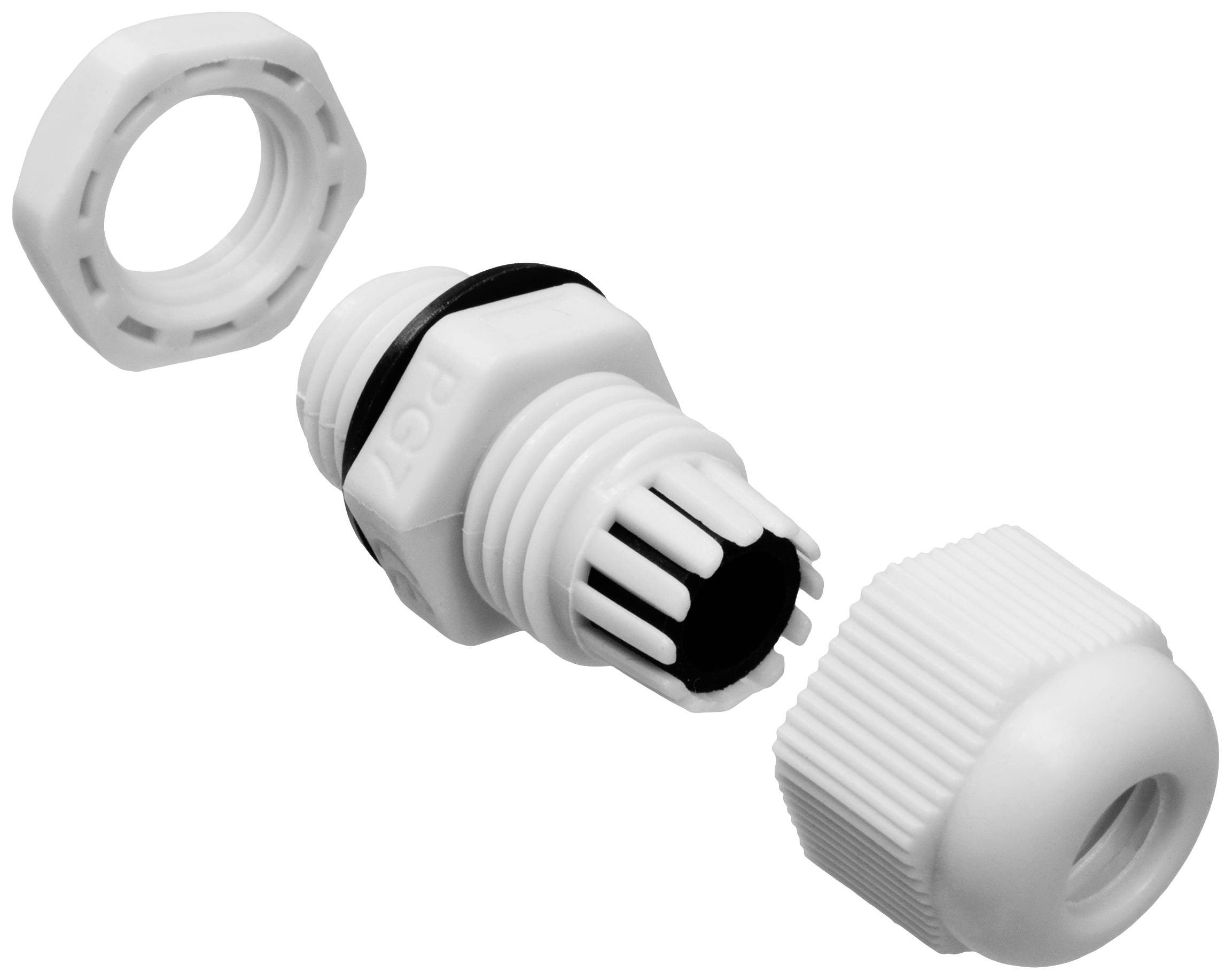 A disassembled plastic cable gland set, comprising a thread, seal, and coupling nut; used for securing and sealing cables.