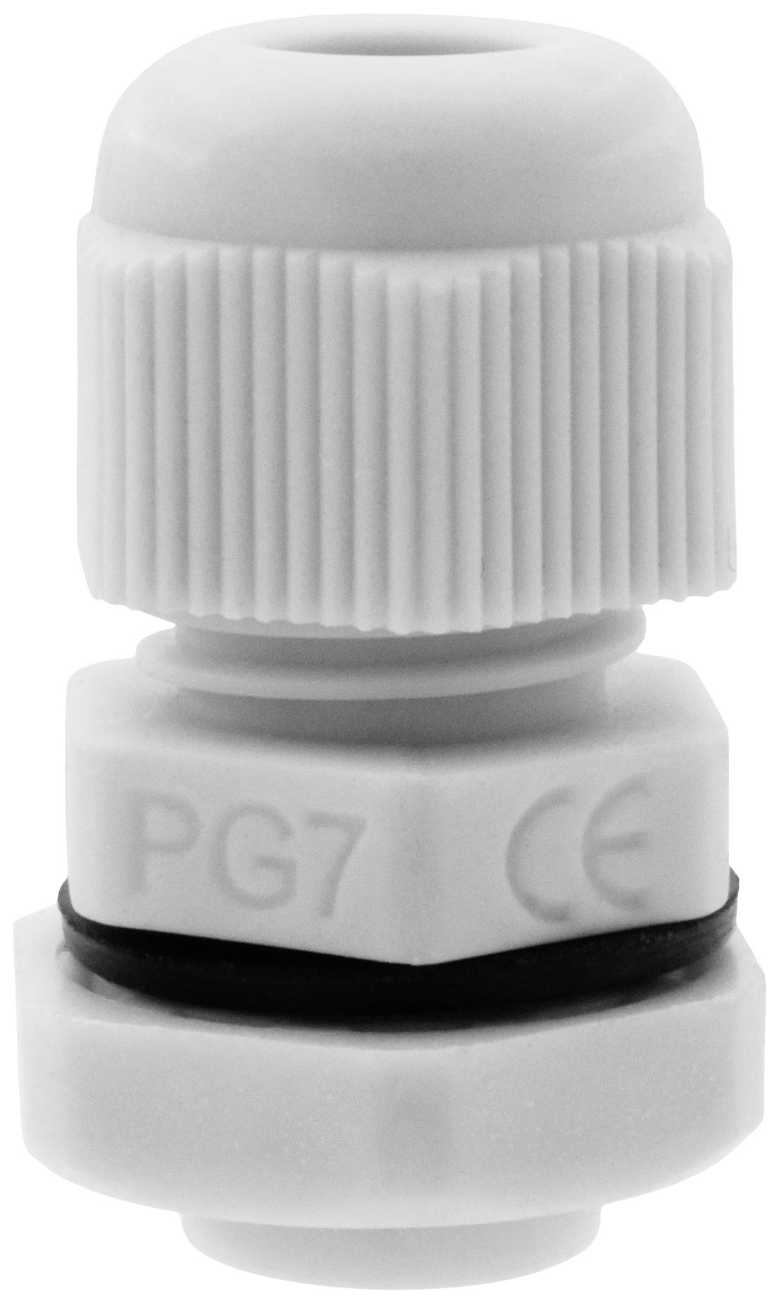 A white cable gland, PG7 CE-certified, with sealing, used for securely connecting and sealing cables.