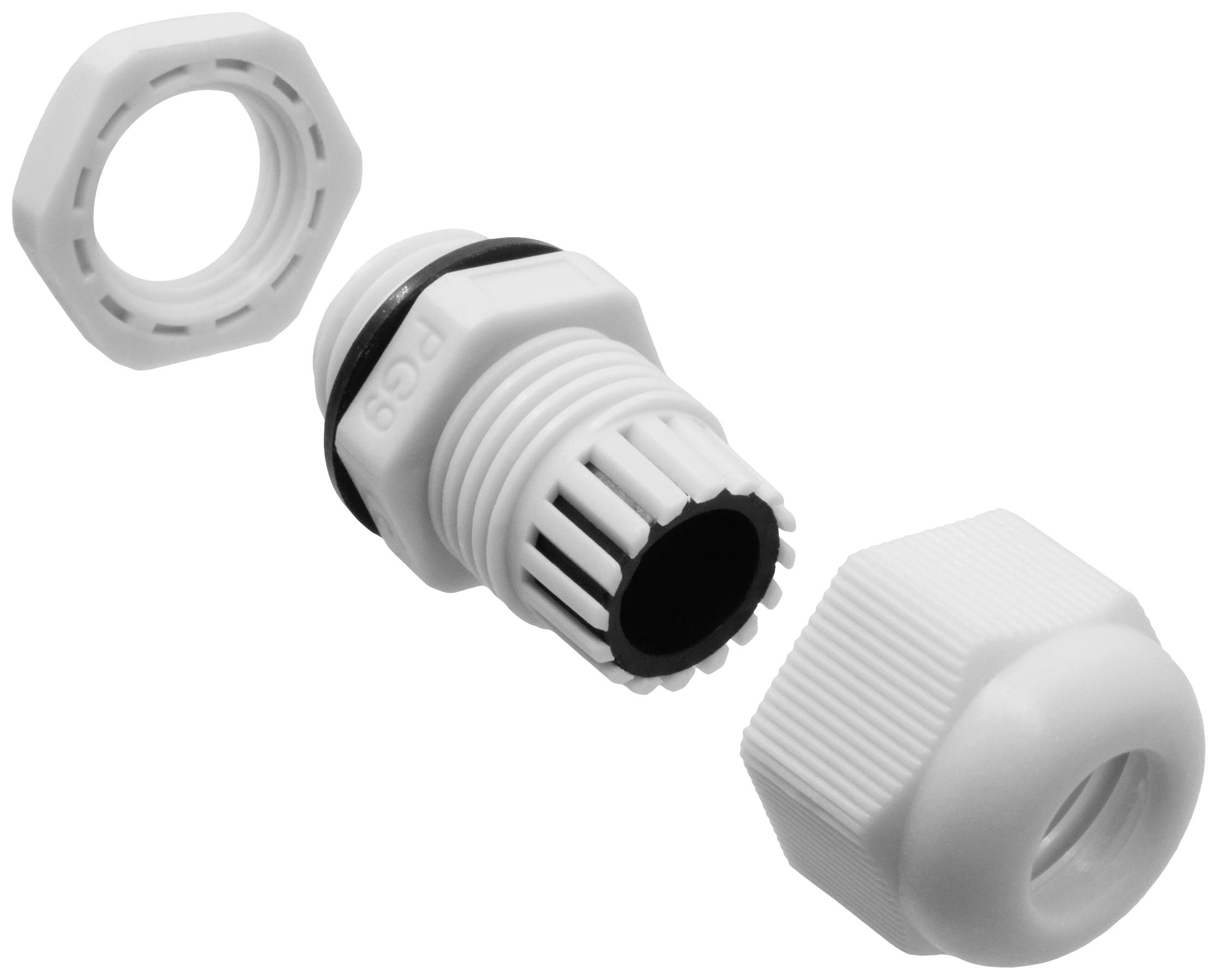 Illustration of a white cable gland kit, comprising a nut, a seal, and the main body, shown separately.