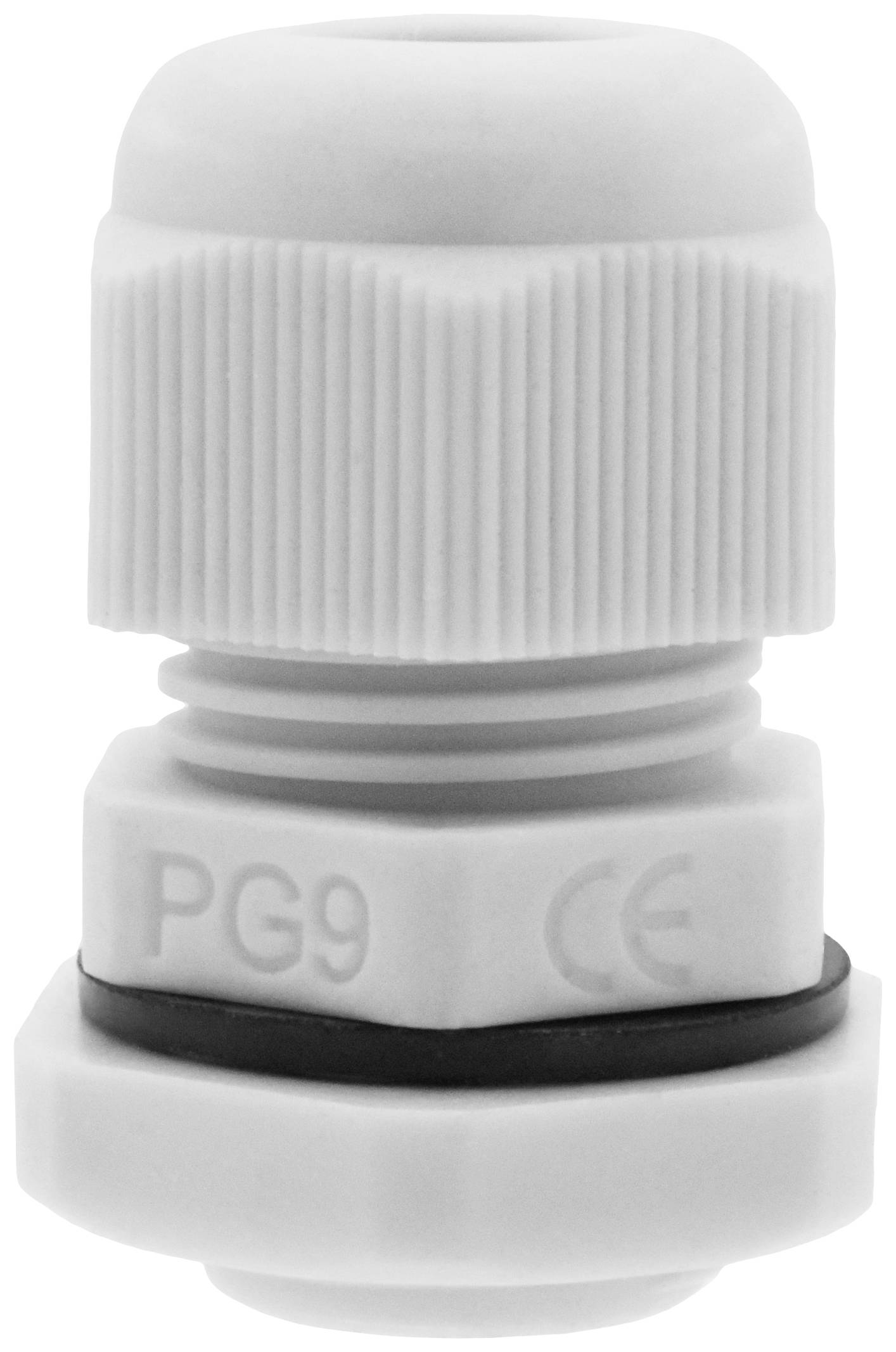A white cable gland for PG9 connection with CE marking, showing a ribbed surface for better grip.