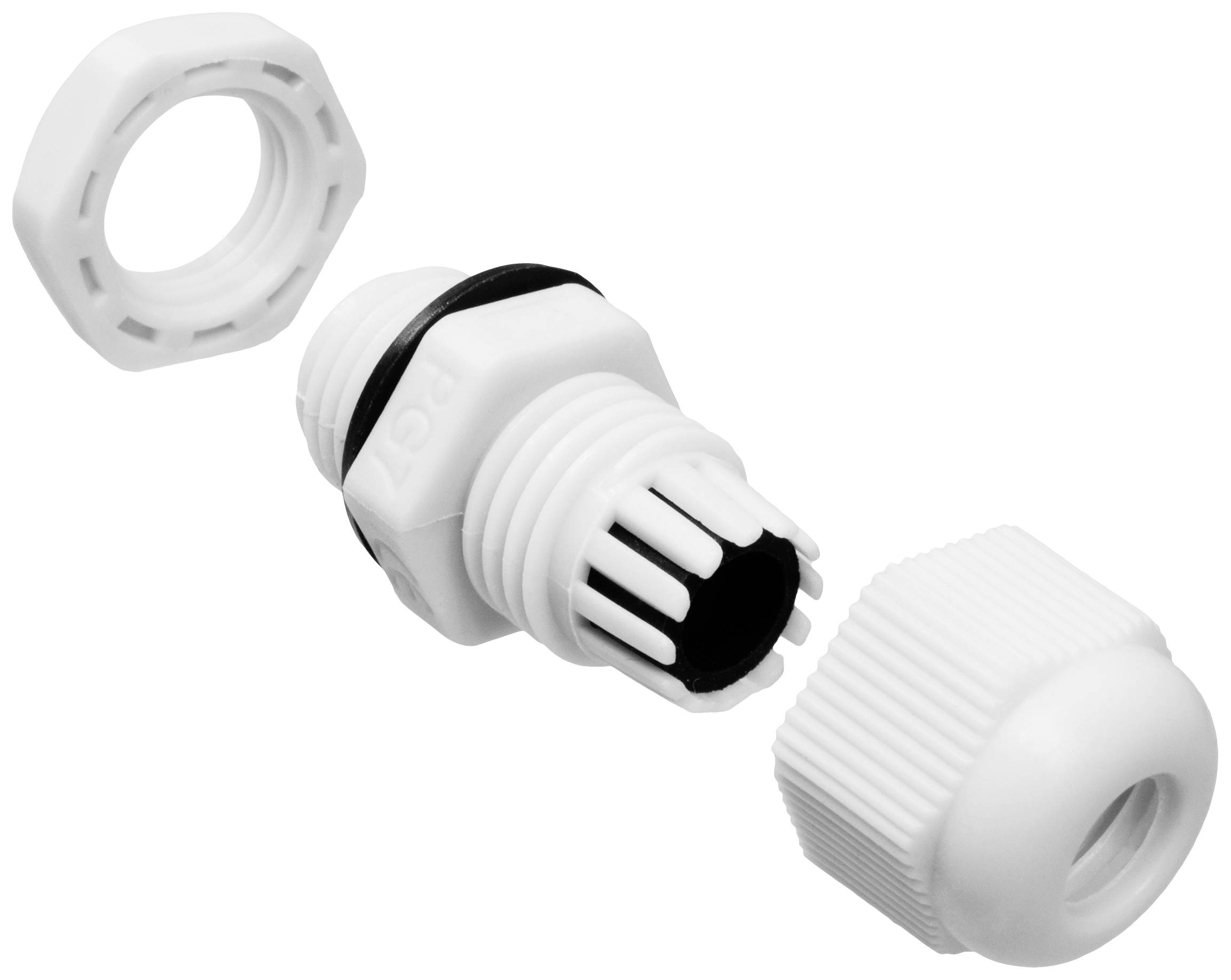 Cable gland in white with mountable components, including nut and seal, for secure cable connection.