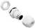 Cable gland in white with mountable components, including nut and seal, for secure cable connection.