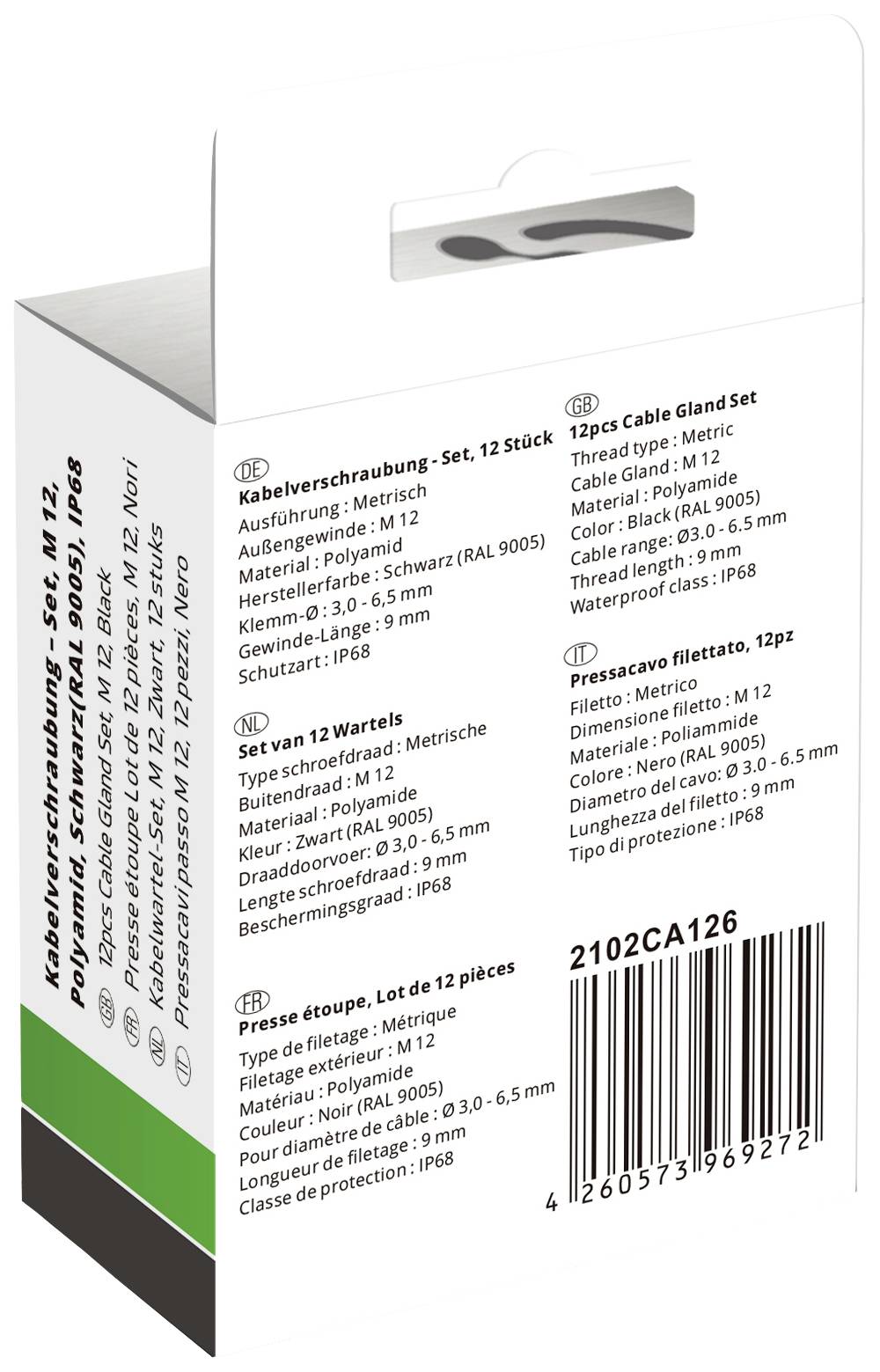 'Cable Gland - Set M12, IP68. 12 Pieces. Type: Metric. Material: Polyamide. Colours: Grey/Black. Temperature Range: -20 to +100°C.'