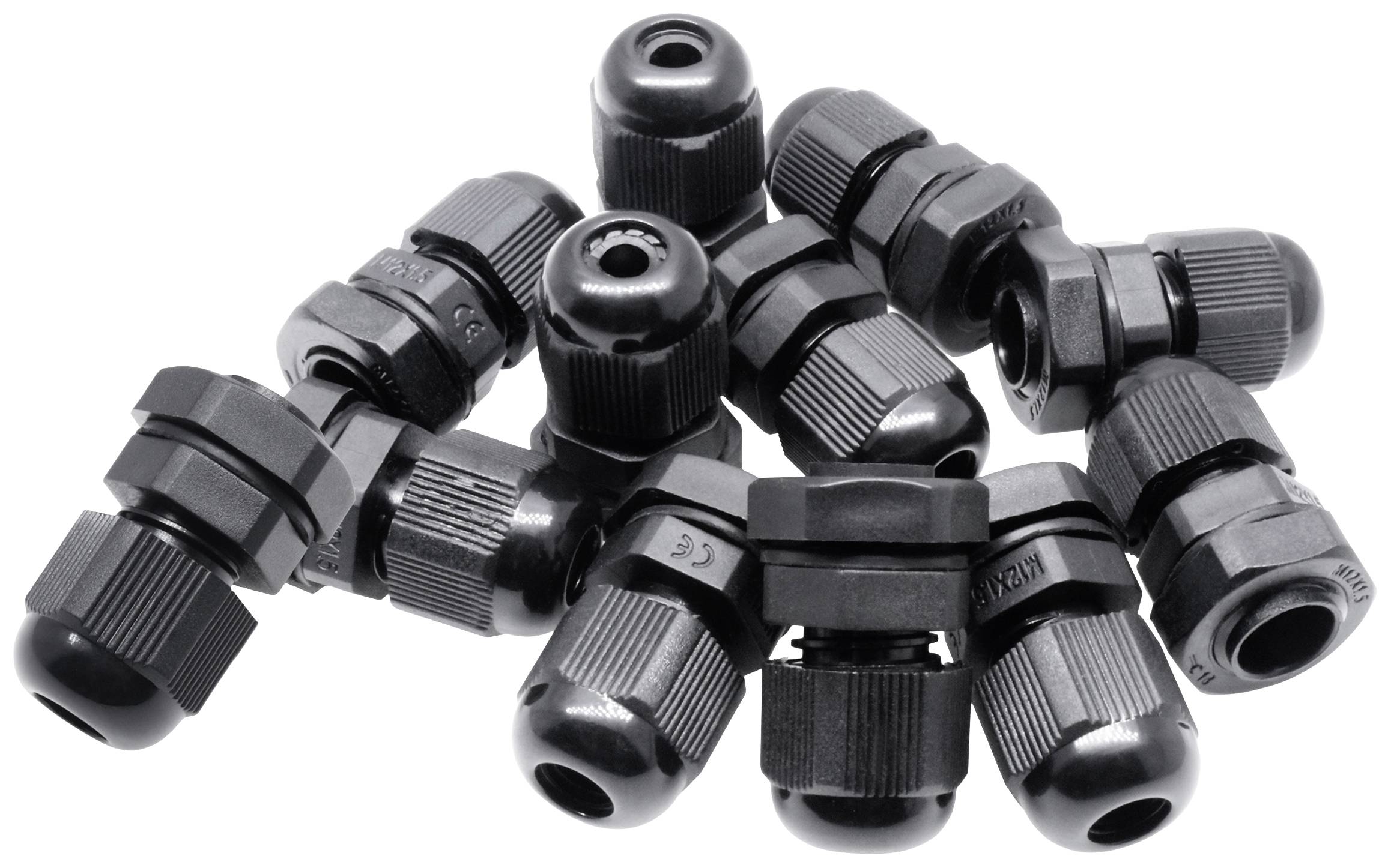 Several black plastic cable glands are loosely stacked on a white background. They are used for cable sealing.