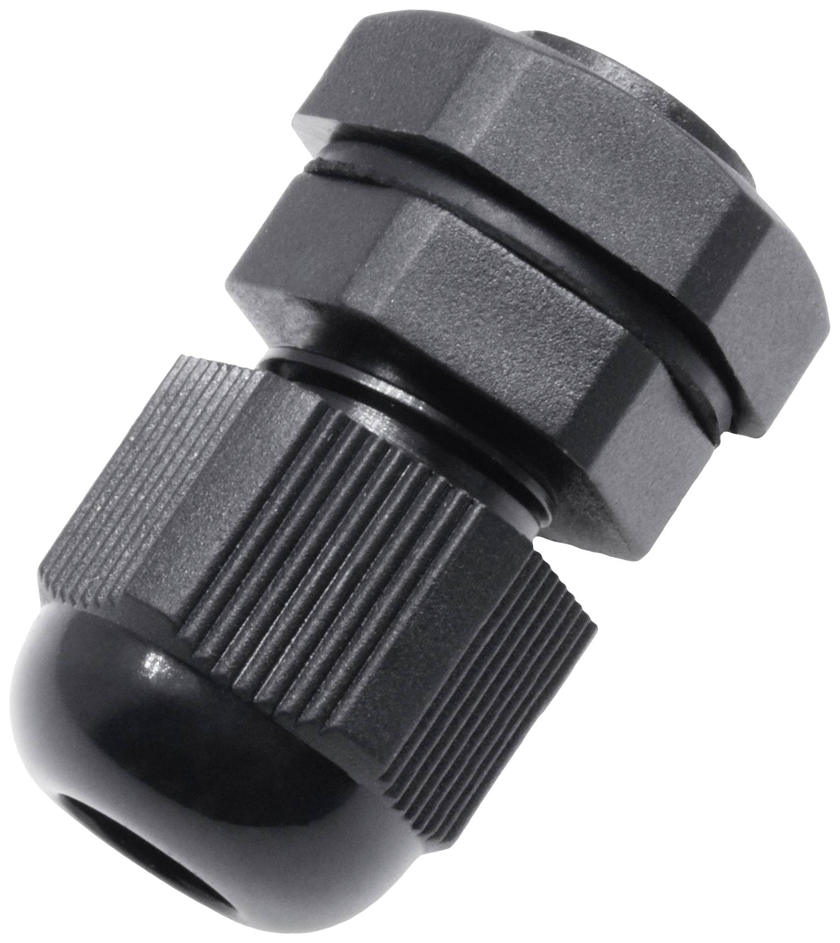A black plastic cable gland, suitable for secure fastening and sealing of cable entries.