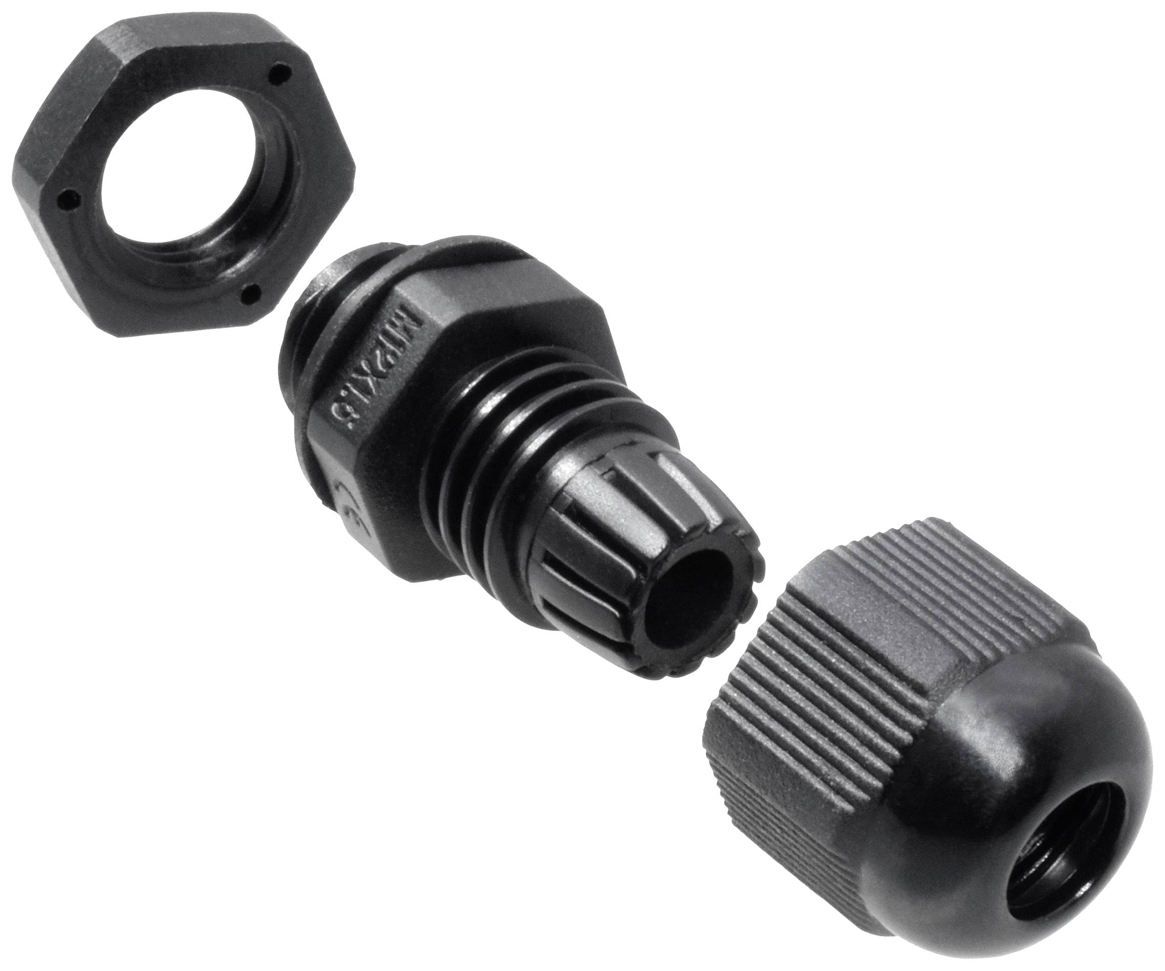 Disassembled black cable gland component with hexagonal nut, thread, and coupling. Suitable for protecting cables.
