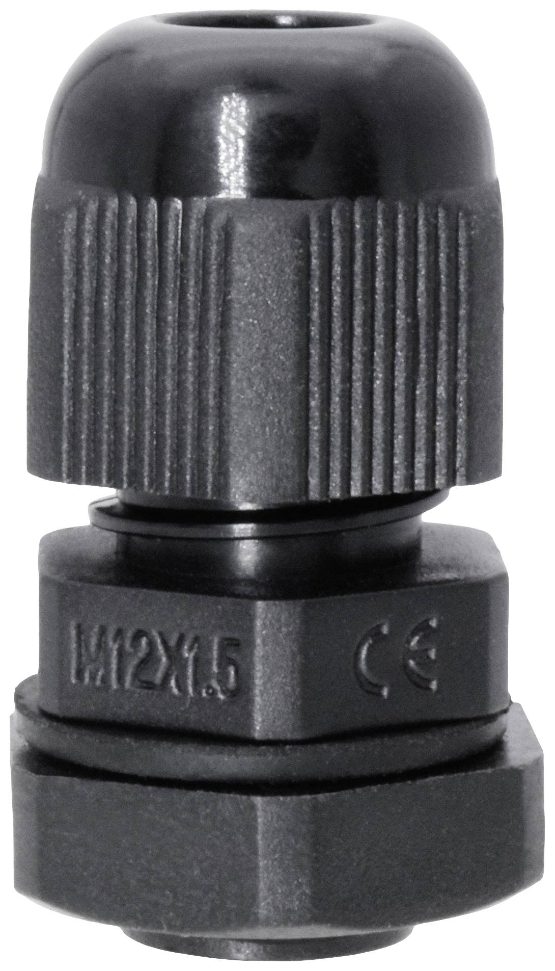 Black plastic cable gland with 'M12 x 1.5 CE' marking, designed for secure cable connections in technical applications.