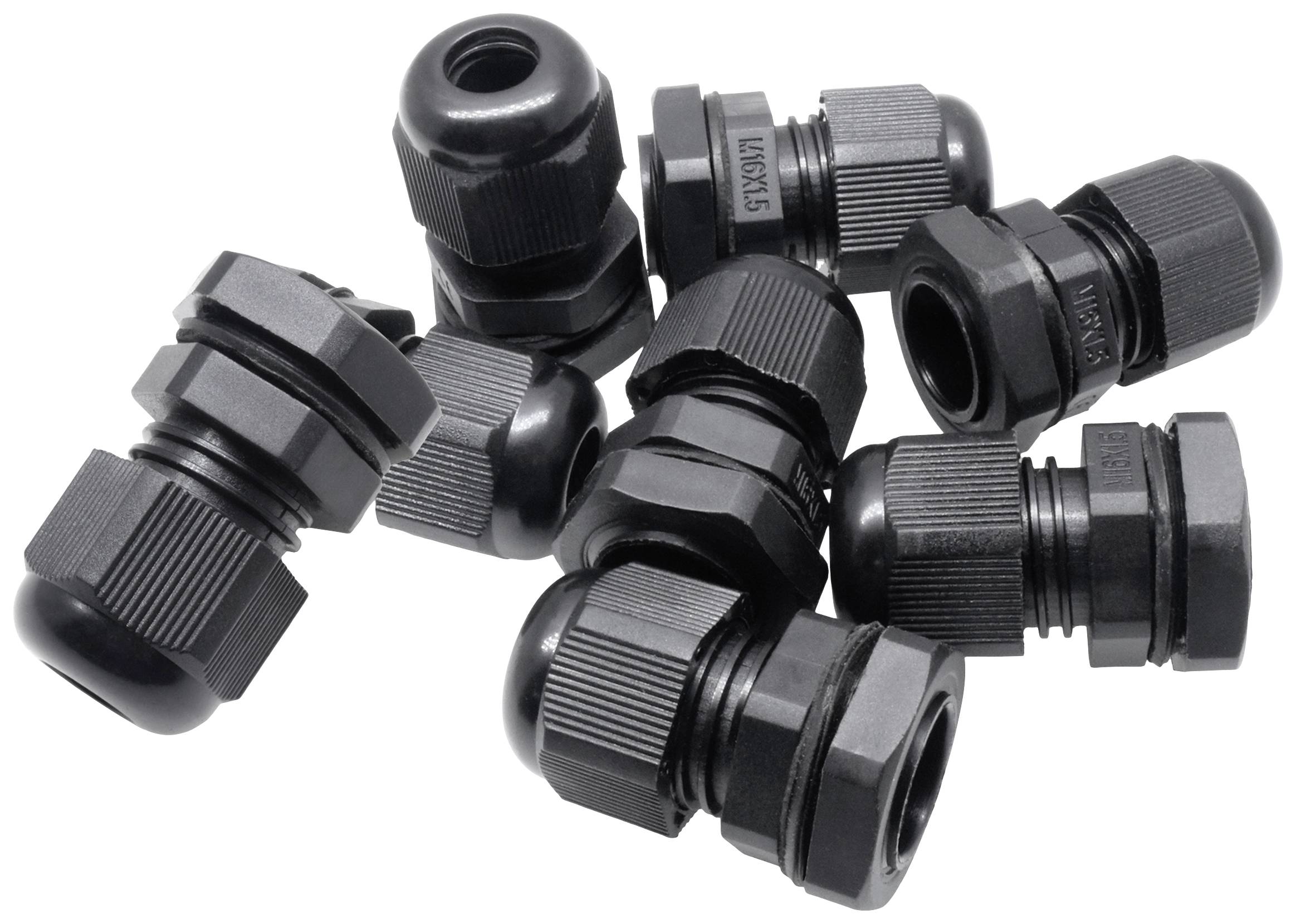 Several black plastic cable glands are lying in a pile. They have different sizes and thread types.