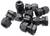 Several black plastic cable glands are lying in a pile. They have different sizes and thread types.