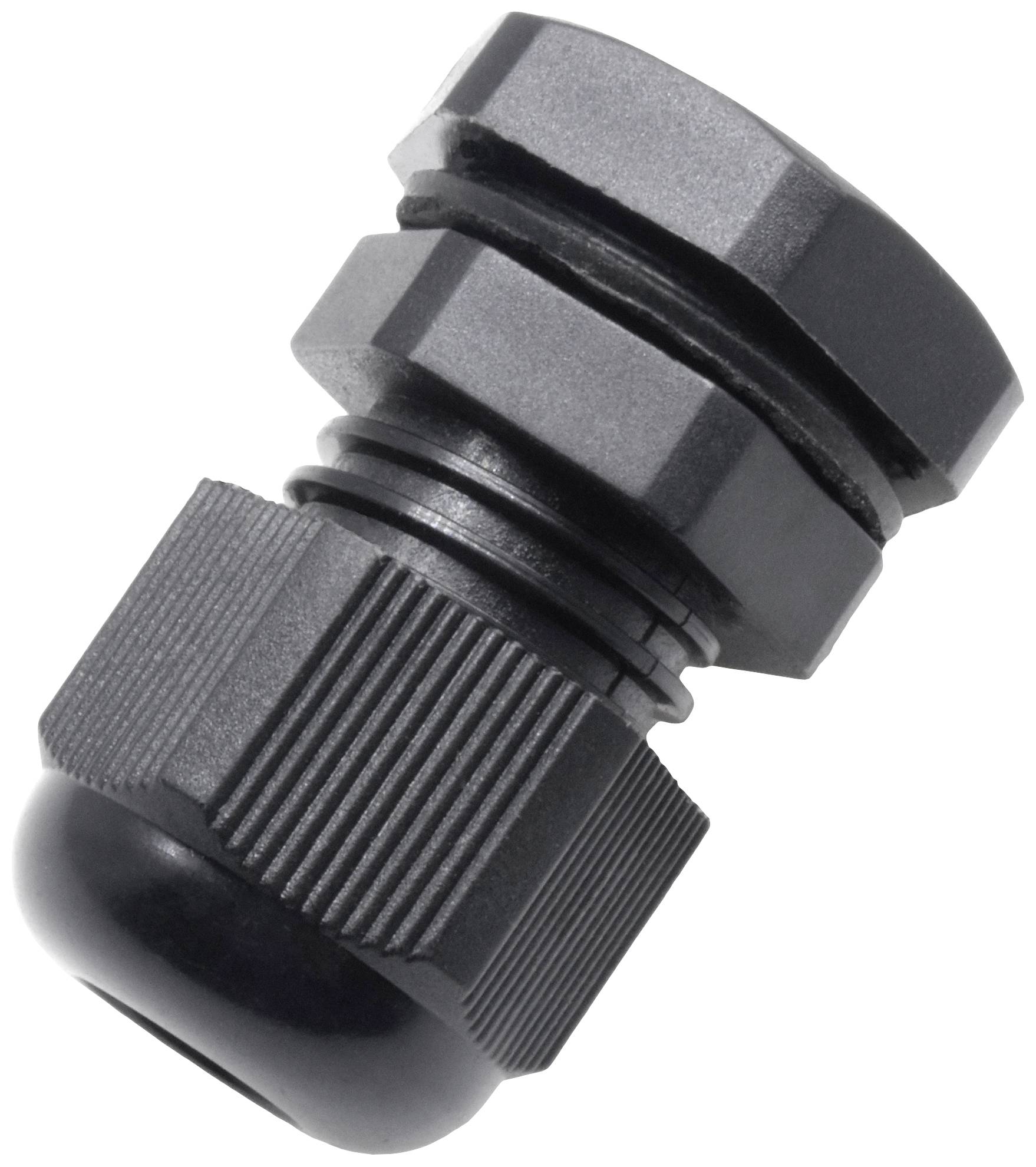 Black plastic cable gland with ribbed surface, suitable for securely routing cables through housing components.