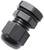 Black plastic cable gland with ribbed surface, suitable for securely routing cables through housing components.