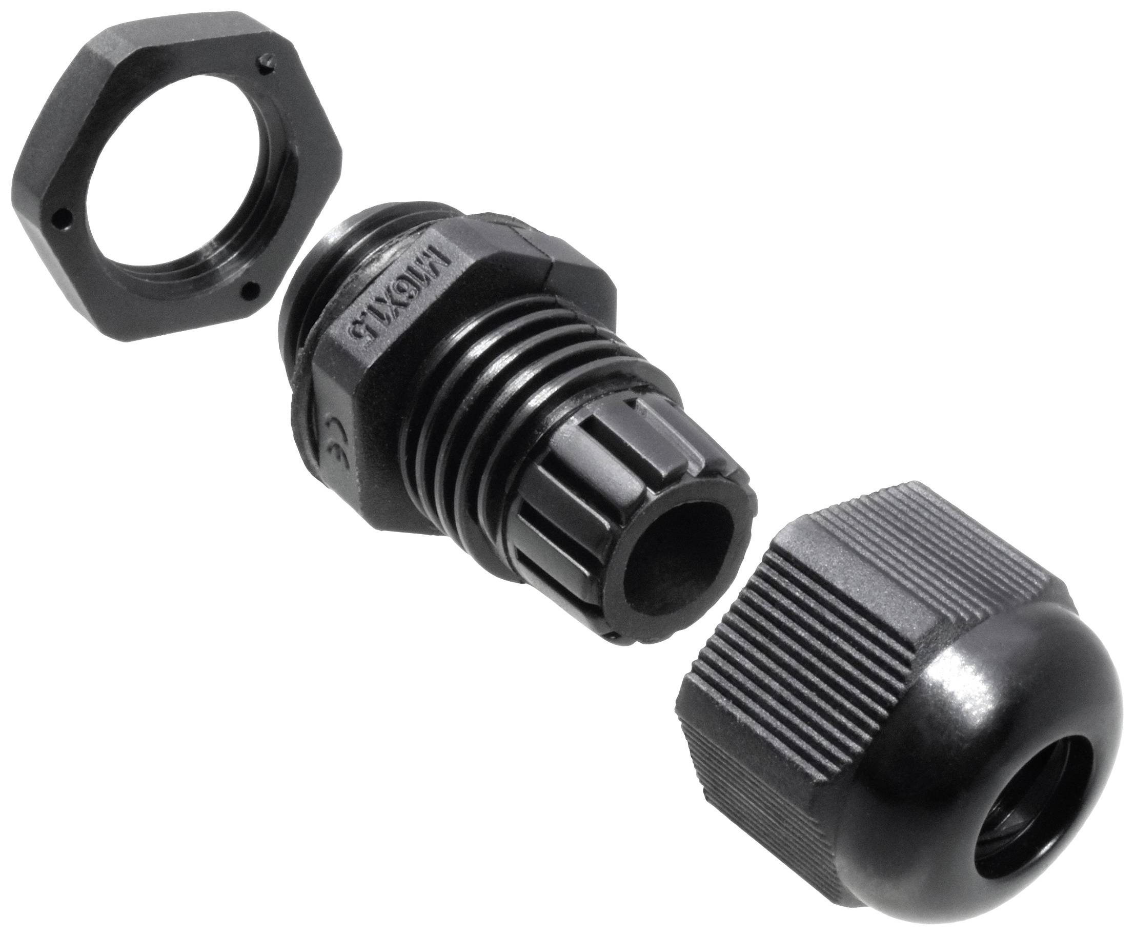 A black cable gland set, comprising multiple plastic threaded and sealing elements, for cable entry.