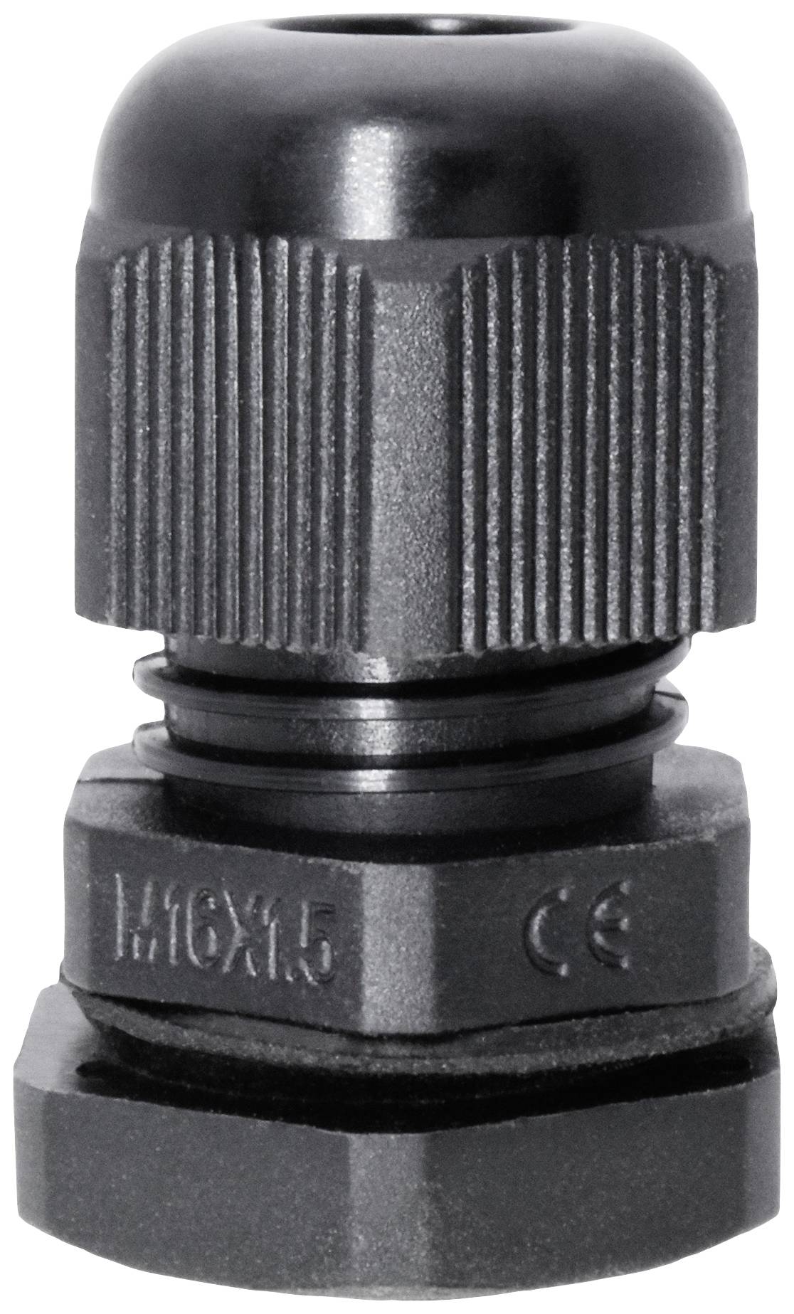 Cable gland made of black plastic, cylindrical in shape, marked with 'M16x1.5' and 'CE', suitable for cable management.