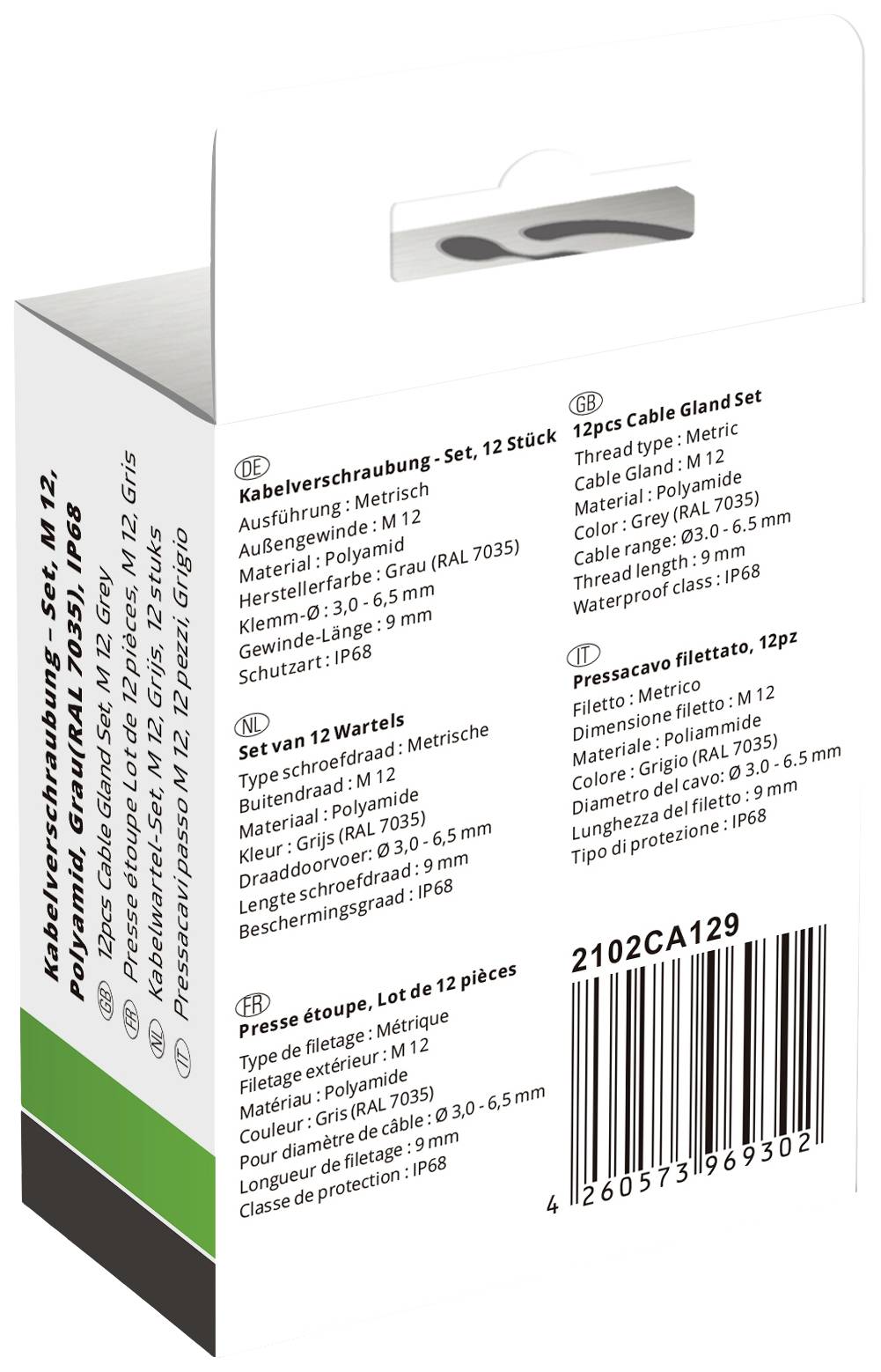 Packaging for a Cable Gland Set with specifications in multiple languages. Contains 12 pieces, metric thread size M12, protection class IP68.