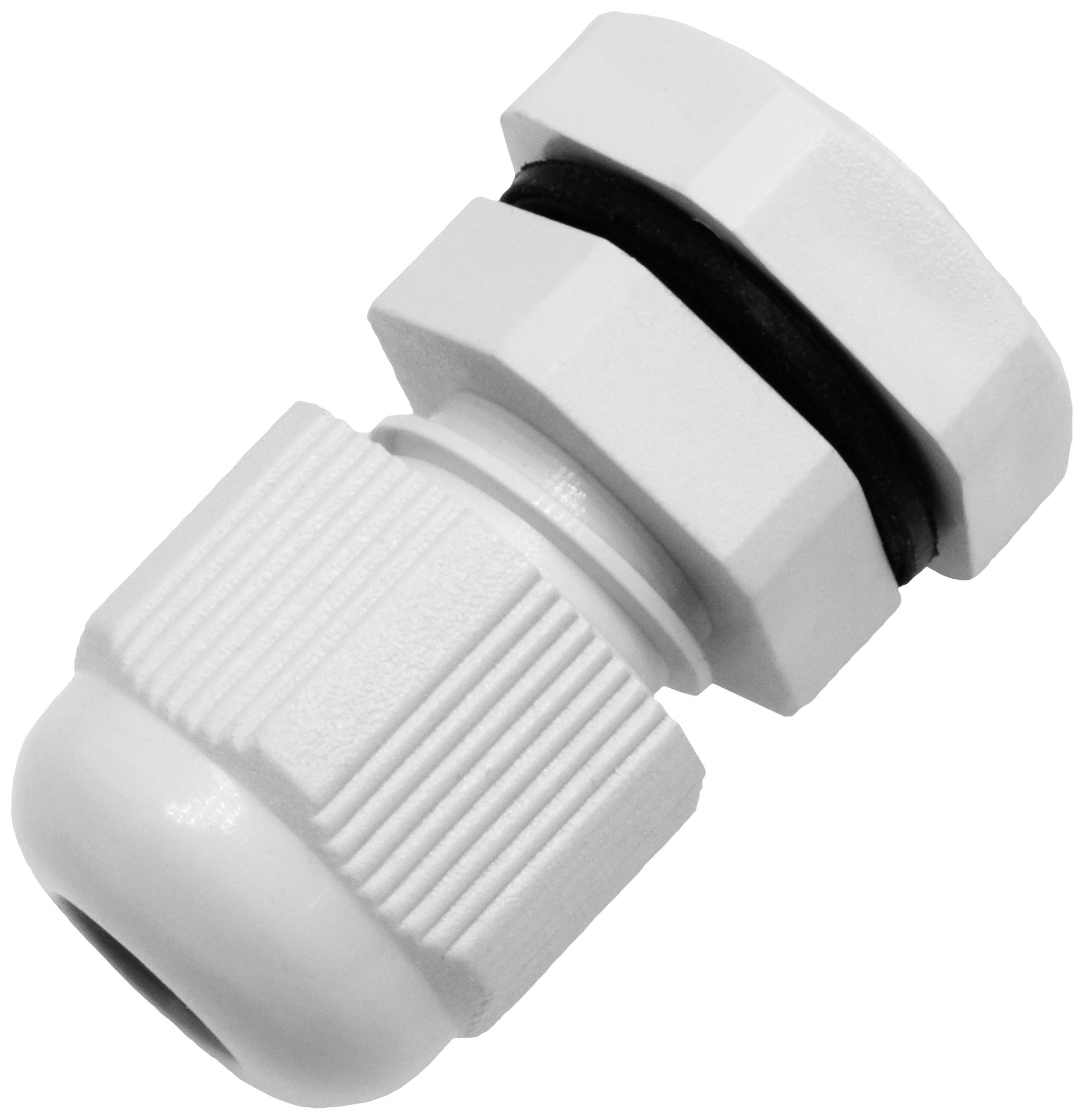 A white cable gland with a ribbed surface and black sealing ring.