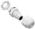 A plastic cable gland set consists of a nut, a seal, and a threaded piece with grooves, all in white.