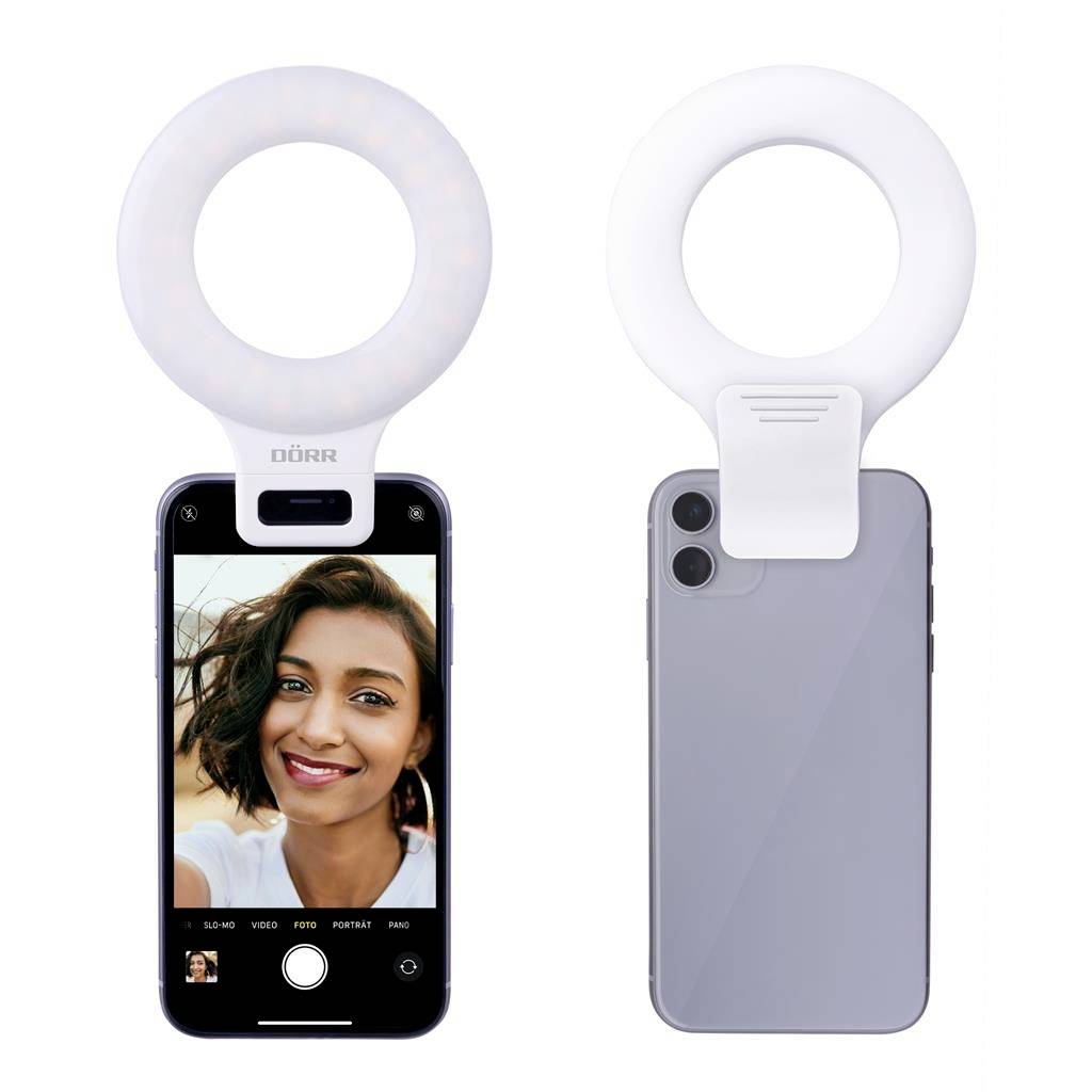 Smartphone with clip-on light ring. Left image shows woman in camera mode. Right image shows back view of the smartphone.