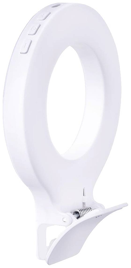 A white plastic toilet seat with spring hinges and integrated control elements on the side.