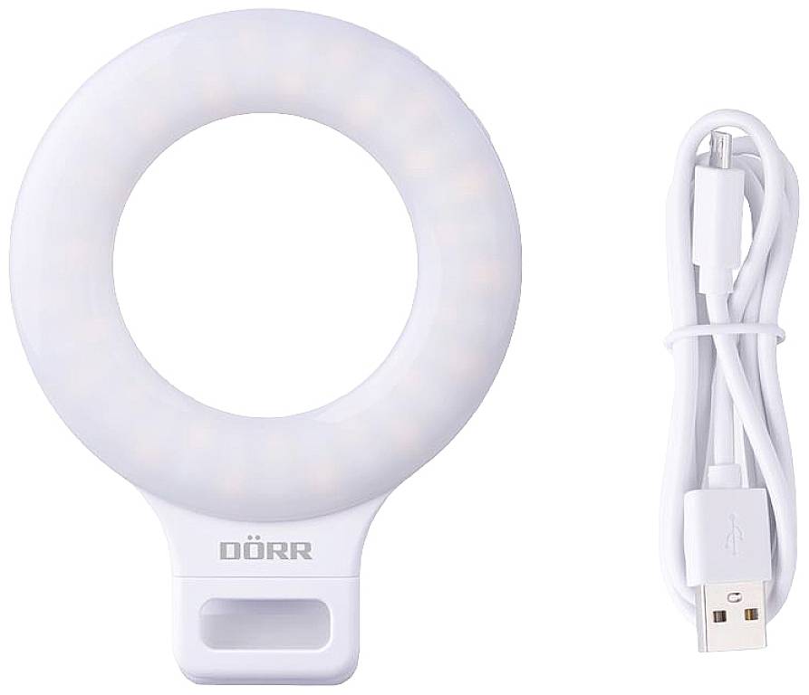 Round LED light ring with charging port and accompanying USB cable. Complementary accessory for photography or video recordings.