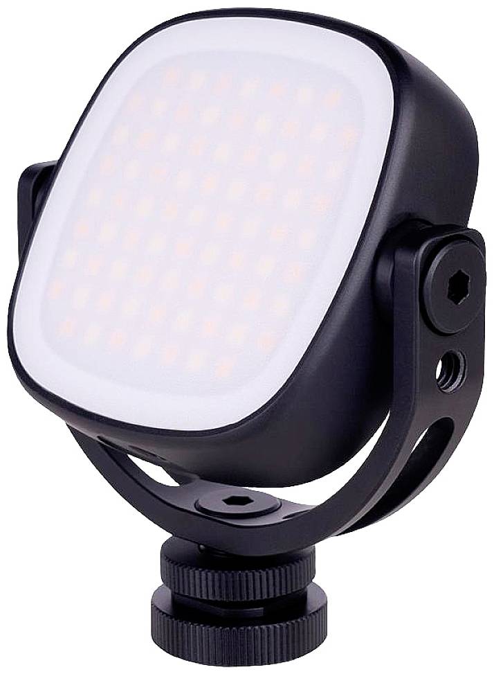 A square LED light with a black casing and adjustable mount. Ideal for photography or video recordings.