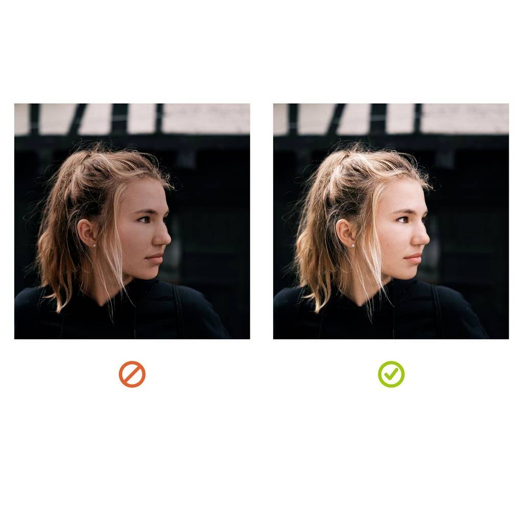 'Two images of a woman in profile: Red X on the left, green tick on the right. Friendlier smile on the right, same background proportions.'