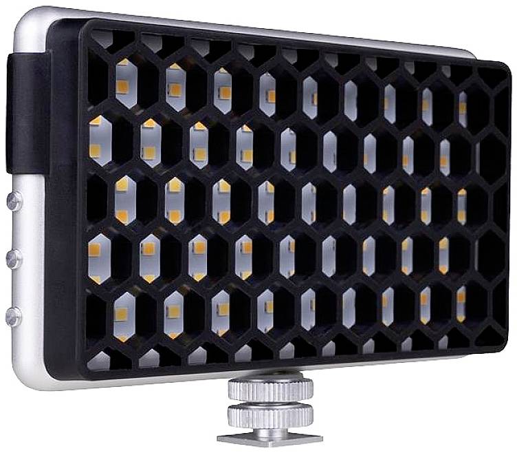 LED light with hexagonal honeycomb pattern, mountable, for uniform illumination during photo or video recordings.