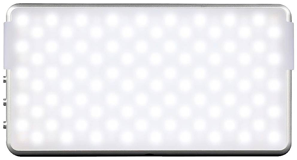 A rectangular video LED light with evenly distributed white LEDs. The light has a silver frame.