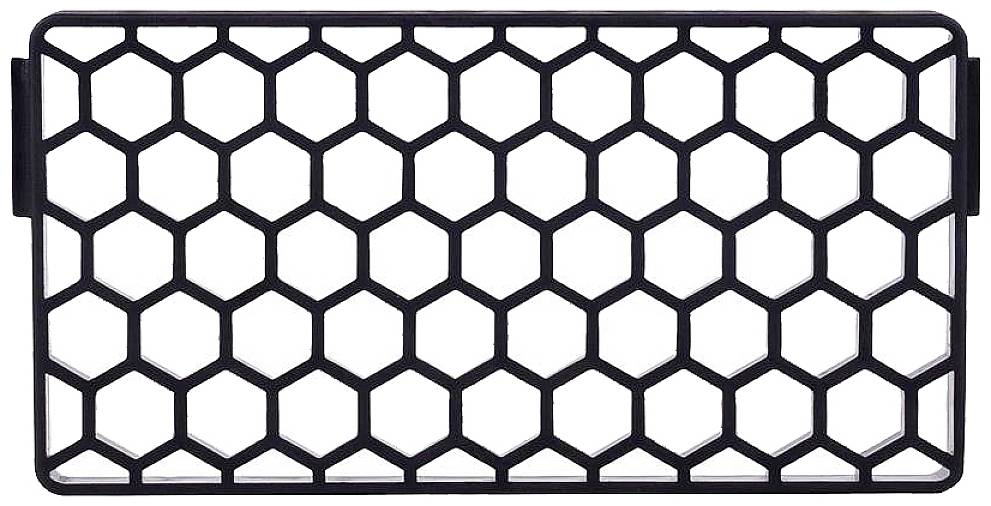 A rectangular honeycomb grid, with black hexagonal patterns, serves as protection or design in various applications.