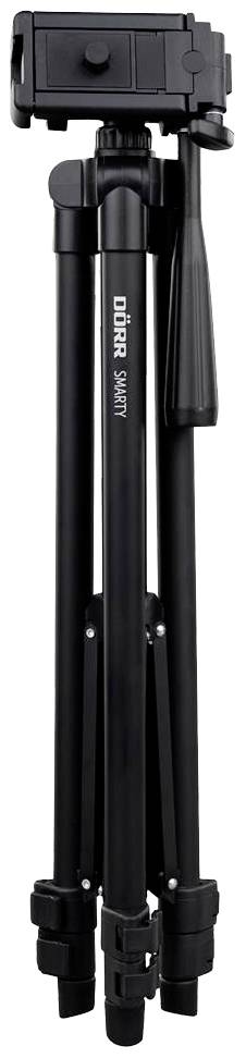 A black three-legged tripod in a folded position. Brand 'Dörr Smarty'. Suitable for cameras, with a handle for height adjustment.