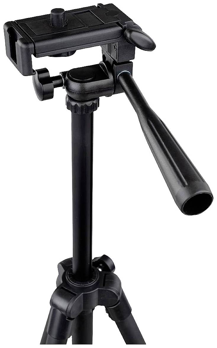 A black three-legged tripod with an adjustable head and handle, suitable for cameras and video equipment, on a white background.