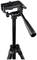 A black three-legged tripod with an adjustable head and handle, suitable for cameras and video equipment, on a white background.