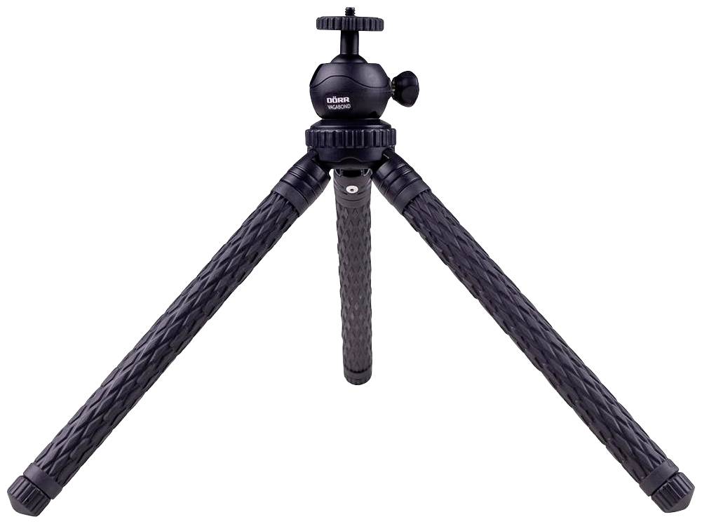 A black tripod with three rubber-coated legs and a ball head, suitable for stable camera use.
